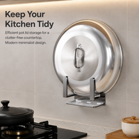 2 Pack Pot Lid Holder, Wall Mount Pan Lid Holder with Drip Tray, No-Drill Stainless Steel Lid Storage Rack, Modern Kitchen Organiser for Cupboard