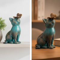 Cat Statue with Butterfly Distressed Cat Figurine with Butterfly Artistic Pet Memorial Statue for Gardeners, Garden, Patio