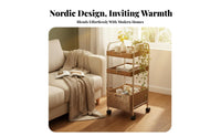 Rattan Weave Accent 2-Tier Rolling Table Vintage design 2-Tier Rolling Organizer Mobile Design Storage Trolley Wood Top for Apartment Dwellers, Homeowners, Office Workers, Living Room, Bedroom, Kitchen, Bathroom