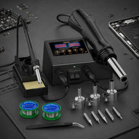 Digital Display Soldering and Hot Air Station Interchangeable Nozzles 2 in 1 Soldering Station Cleaning Sponge Workshop Equipment Space Saving Design