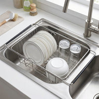 Extendable Dish Rack and Stainless Steel Dish Drainer, Over the Sink Dish Rack for Space-Saving Kitchen Sink Organizer, Modern Minimalist Style