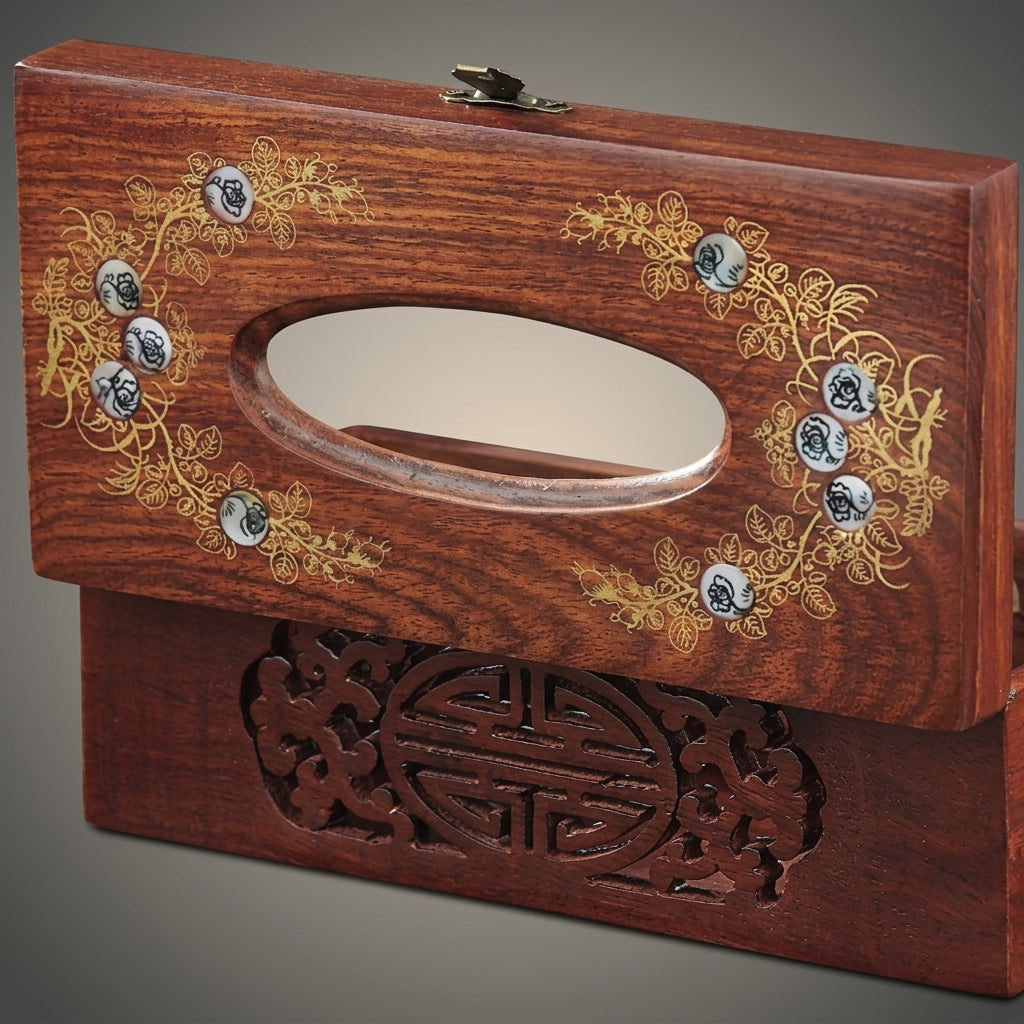 Tissue Box Holder for Home Office, Luxury Carved Wood Facial Tissue Gift with Flip Lid, Floral Painted Cover with Oval Opening, Style Wooden