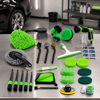 Green Car Cleaning Kit Drill Brush Wheel Detailing Wash Mitt Extension Rod Towel