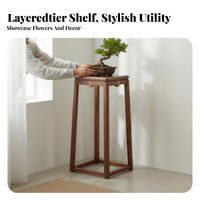 Chinese Design Two-Tier Flower Table Mortise and Tenon Joinery Plant Holder Natural Oil Finish Display Pedestal Artisan-Made for Gardeners, Homeowners, Apartment Dwellers, Living Room, Bedroom, Entrance Hall, Balcony