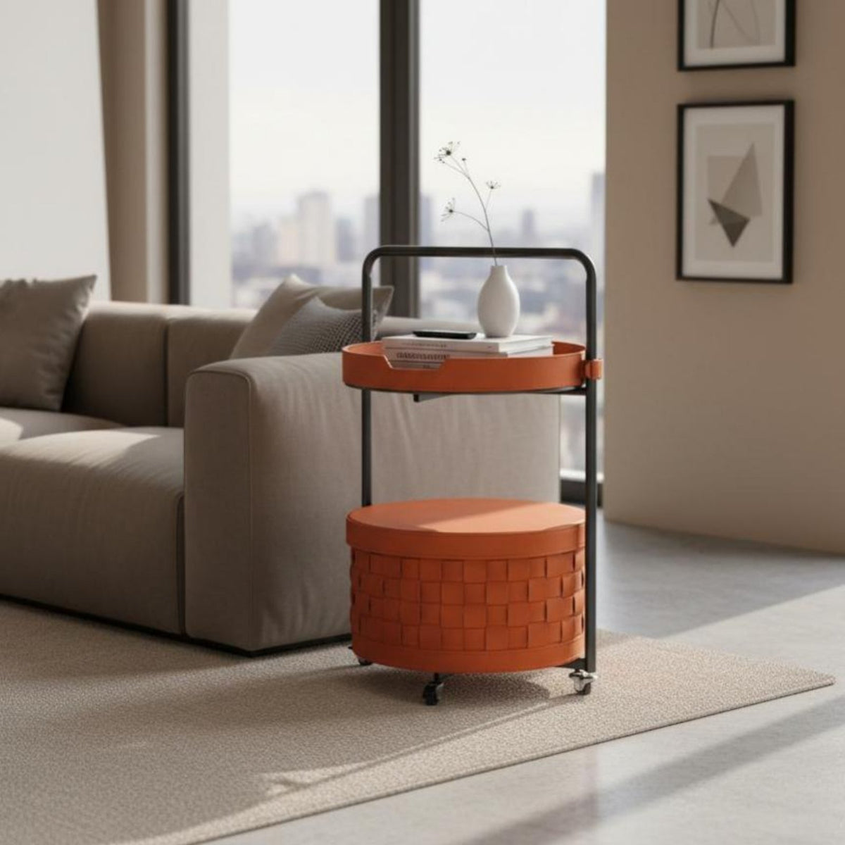 Space-Saving Design 2-Tier Rolling Storage Table Sturdy Frame 2-Tier Wheeled Organizer Easy to Assemble Mobile Furniture Uncovered Top Tray for Homeowners, Office Workers, Living Room, Bedroom, Balcony, Kitchen