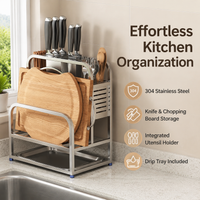 Utensil Holder, 304 Stainless Steel Knife Block with Drip Tray, Freestanding Kitchen Organiser for Knives, Chopping Boards, Pot Lids & Chopsticks