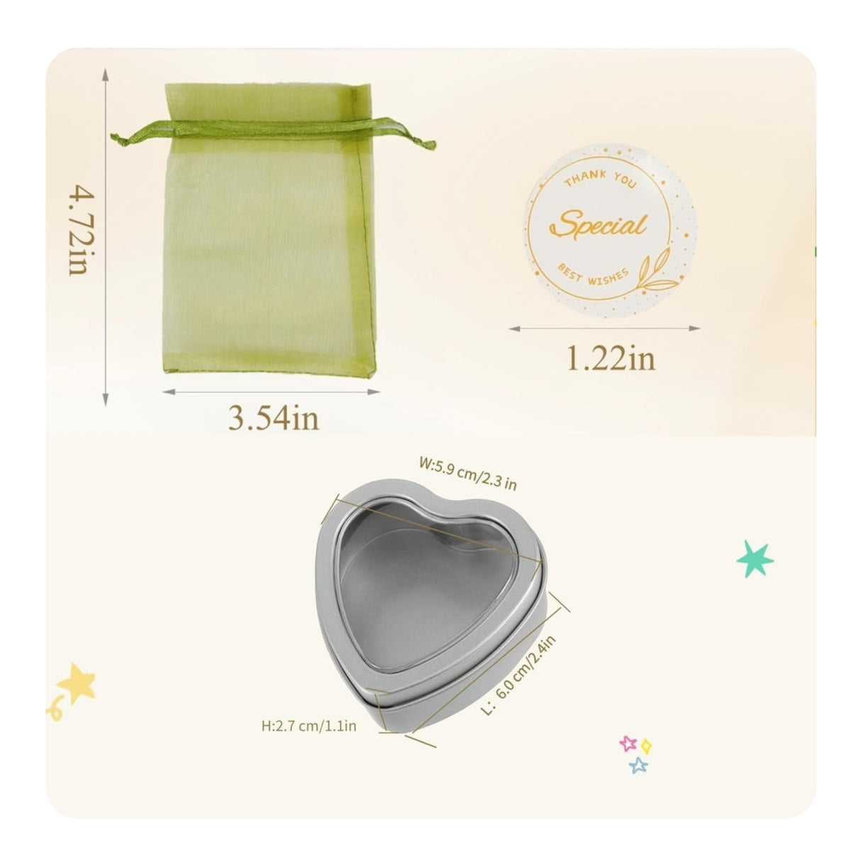 25 Pieces   Metal Tin 60 Milliliters Capacity Gauze Drawstring Bag Heart-Shaped Window Tin Silver-Colored