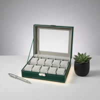 Soft Velvet Soft Cushioning 10 Slot Watch Box Leather-Look Finish 10-Slot Watch Case Transparent Lid Accessory Storage Front Latch