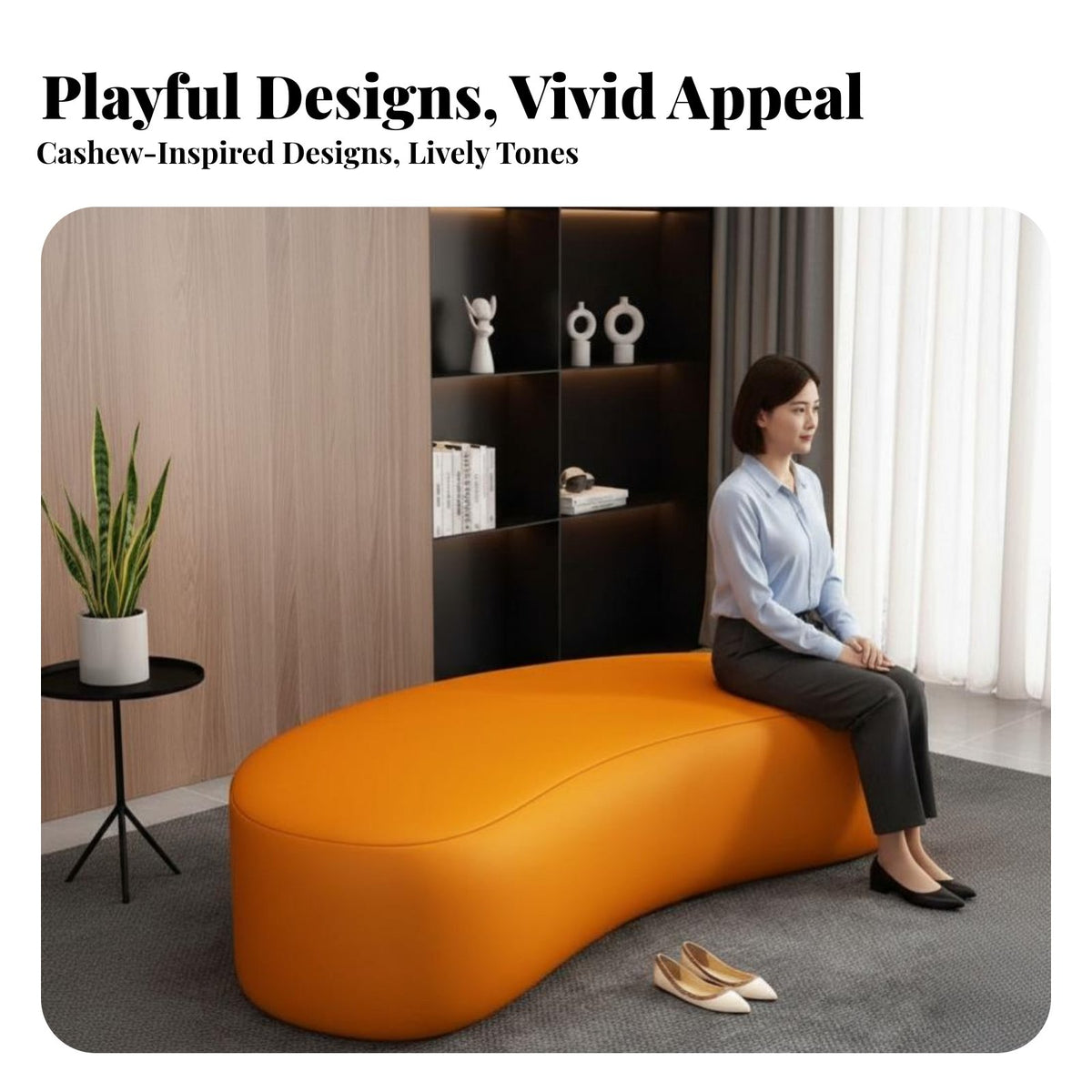 Light Luxury Cashew-Shaped Ottoman Curved Shape Upholstered Waiting Settee Minimalist Aesthetic Lobby Furniture Elegant design for Office Managers, Salon Owners, Interior Designers, Lounge Area, Bank, Barbershop
