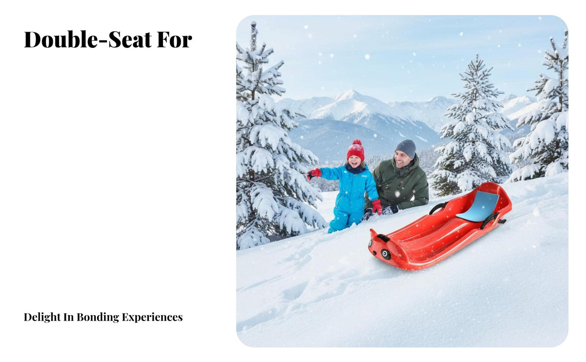 Thickened Design Two-Person Snow Sled Multi-Surface Use 2 Person Snow Slider Low-Temperature Resistant Plastic Toboggan with Brakes Slick Bottom for Adults, Families, Grassy Slopes, Snowy Hills, Outdoor, Backyard Fun