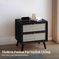 Japanese aesthetic Bedside Cabinet with Rattan Drawer Woven Front Rattan Drawer Nightstand durable Wood Legs End Table Vintage Inspired for Apartment Dwellers, Homeowners, Young Adults, Bedroom, Small Spaces, Guest Room, Home Office