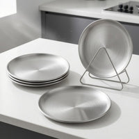 4 Pieces Polished Silver Round Snack Plate Triangular Stand Stainless Steel Plate Shatterproof Metal Storage Rack Reusable