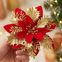 Christmas Tree Glitter Poinsettia, Xmas Tree Glitter Flowers, Artificial Poinsettia Flowers for Wreaths, Modern Holiday Poinsettia Flowers
