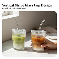 Glass Cup with Lid and Straw Vertical Stripe Pattern Striped Drinking Glass Aesthetic Design Iced Coffee Cup with Lid for Students, Home, Office, Cafe