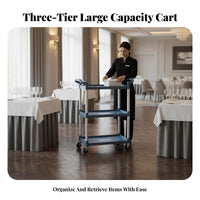 Multi-Functional 3-Tier Bussing Trolley Swivel Casters with Brakes 3-Tier Utility Trolley Easy to Clean Service Trolley Quiet Operation for Hotel Personnel, Cafeteria Workers, Cleaners, Restaurants, Restaurant, Kitchens, Cafeterias