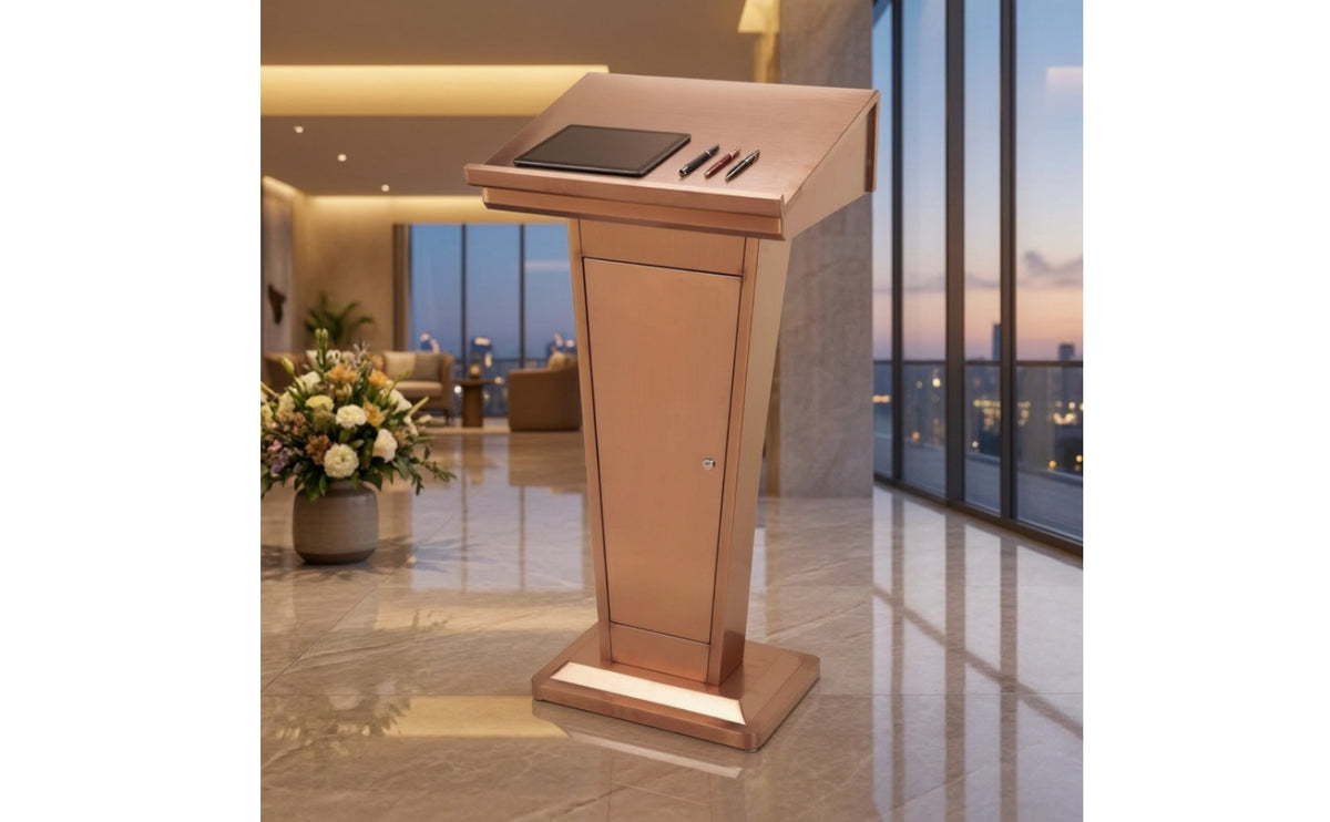 Slanted-Top Metal Lectern with Door Freestanding Presentation Podium with Cabinet Industrial Standing Podium with Shelf Tapered for Speakers, Receptionists, Lecture Halls, Hotel Lobbies, Sales Offices