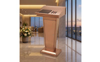 Slanted-Top Metal Lectern with Door Freestanding Presentation Podium with Cabinet Industrial Standing Podium with Shelf Tapered for Speakers, Receptionists, Lecture Halls, Hotel Lobbies, Sales Offices