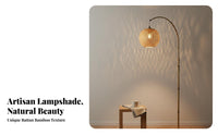 Japanese Design Bamboo Fishing Lamp Nordic Design Rattan Shade Floor Lamp Height Adjustable Foot Switch for Interior Designers, Homeowners, Renters, Bedroom, Living Room, Reading Nook, Hotel Lobby