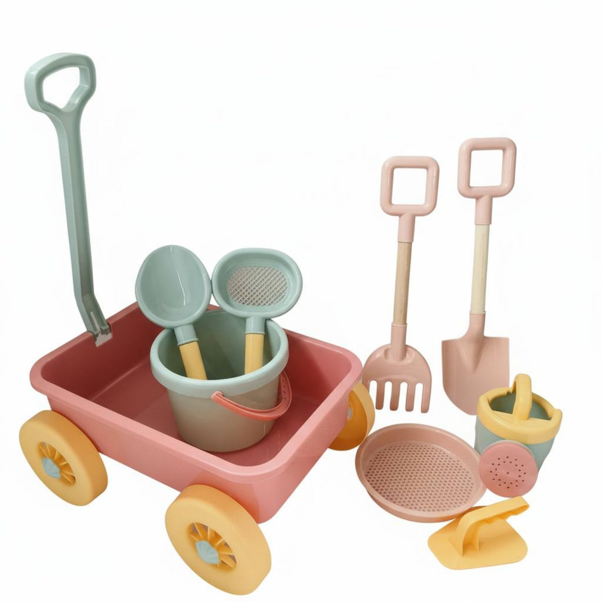 9 Pieces Summer Fun Children's Beach Cart with Shovel and Pail Sturdy Kids Sand Toy Cart with Accessories Hands-On Learning Pull-Along Beach Wagon Set Develops Fine Movement Skills for Toddlers
