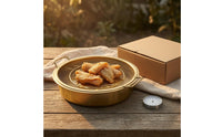 2 Pieces Two Handles Drain Basket and Plate Set Metal Rim Frying Drain Basket Gold-Tone Food Strainer Boxed Packaging