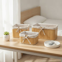 4 Pieces Natural Woven Basket with Lining Artisanal Bamboo Storage Basket Compact Desktop Organizer Rustic for Bathroom
