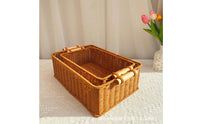 Basket with Wooden Handles Rectangular Woven Tray Rustic Organizer for Countertop, Picnic