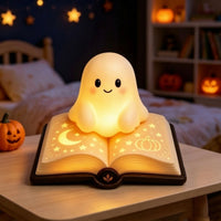 Ghost Lamp with Book Base Cute Ghost Night Light Spooky for Bedside Table, Kids