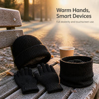 Knitted Beanie Hat Scarf and Gloves Set for Winter, Fleece Lined Windproof Warm Casual Kit for Men and Women