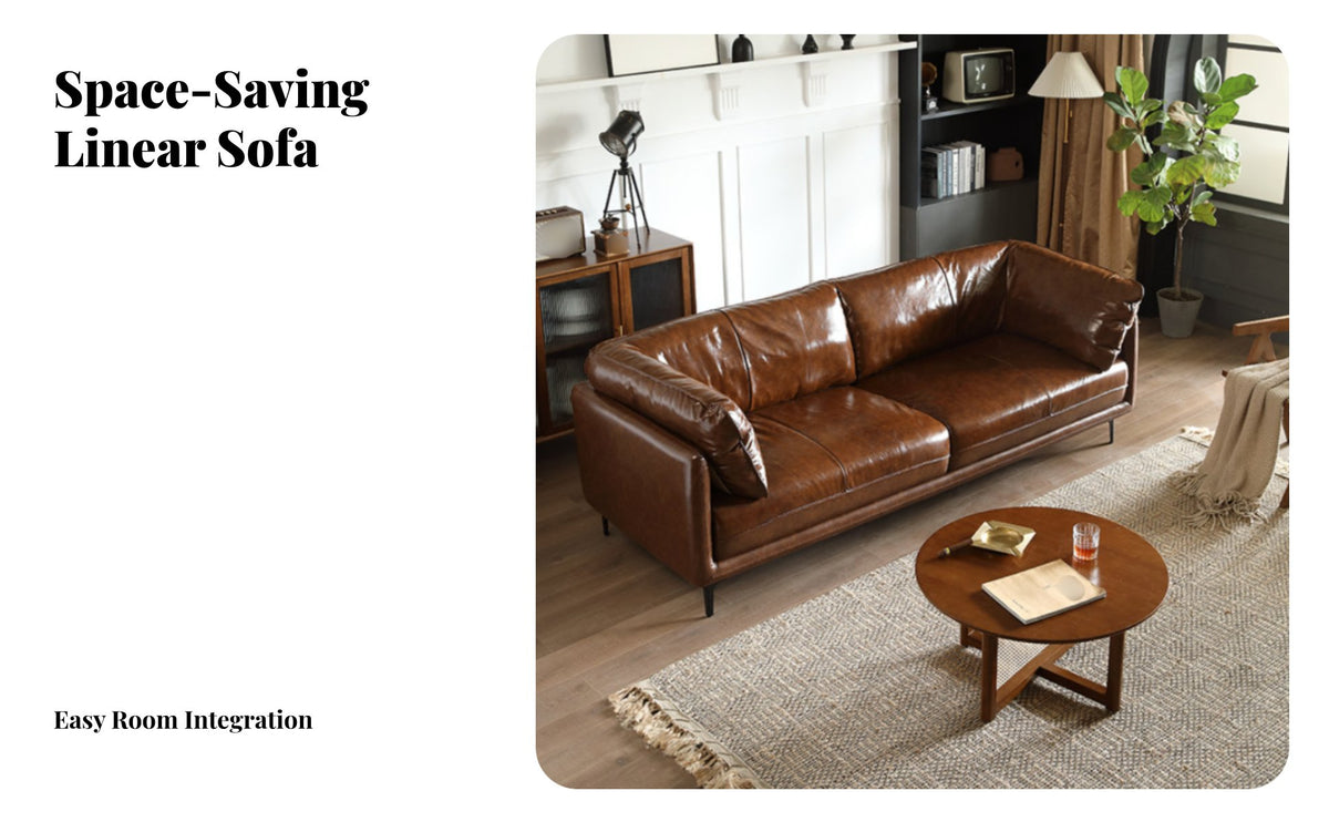 Straight-Line Leather Sofa Caramel Brown Color Living Room Furniture Vintage Aesthetic Couch for Apartment Dwellers, Homeowners, Den