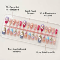 Nails with Glue for Teens, Summer Blossom Artificial with Rhinestones, Reusable Glue-On Fake 30 Pieces