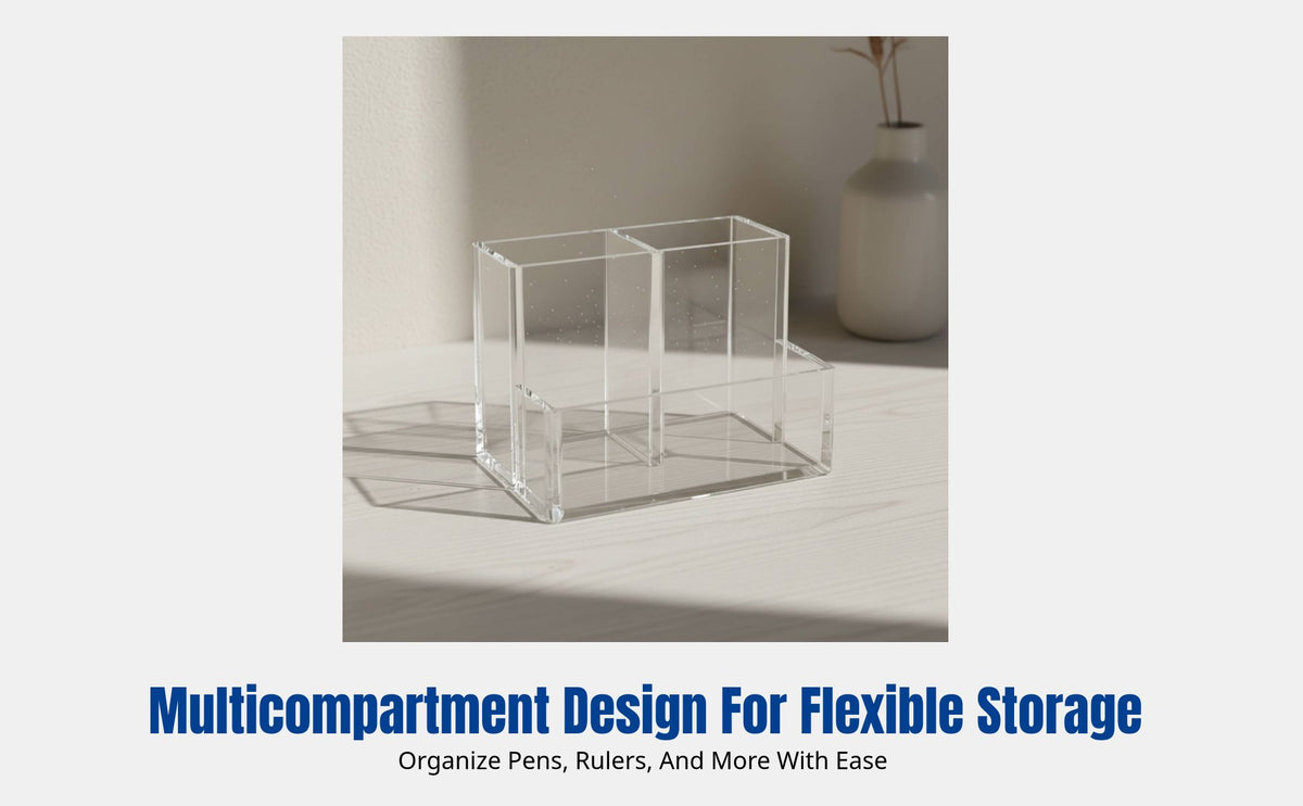 INS Style Minimalist Acrylic Pen Holder, Clear 3-Compartment Desk Organizer, Stationery Storage for Students, Office