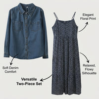 Denim Dresses for Women 2 Piece Outfits with Long Sleeve Shirt and Floral Print Dress, Plus Size Two Sets for Autumn Casual Wear
