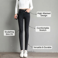 Thermal Leggings for Women with Fleece Lined High Waist for Winter, Black with Single Button Closure Design, Trousers
