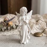 Angel Figurine with Flower Crown Tabletop Standing Angel Statue Figurine with Wings Desktop Sculpture White for Desk, Shelf