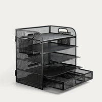 5-Tier Metal Desk Storage with Drawer and Pen Holder, Desktop File Organizer for Office Home, Paper Filing Rack for Students Workspace