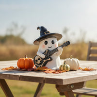 Tabletop Ghost Ornament with Guitar Miniature Ghost Figurine with Witch Hat Festive Gothic for Goth Fans