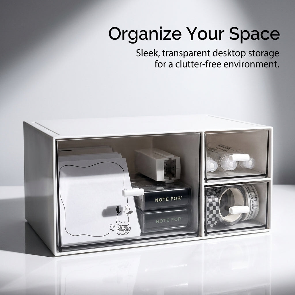 Desk Storage Organizer with Drawers, Clear Desktop for Office Supplies Stationery, Small Drawer Unit with Stickers