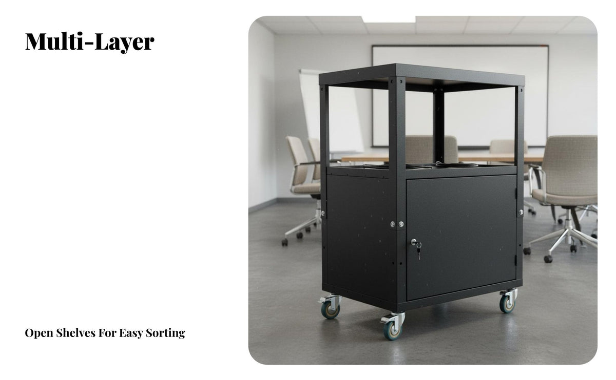 Locking Swivel Casters Mobile Display Stand with Cabinet Heavy-Duty Steel Construction Display Stand with Wheels Easy Assembly Lockable Computer Printer Workstation Cable Management Holes for Presenters, Conference Room, Classroom, Lecture Hall