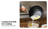 Uncoated Iron Wok Coating Coatingless Wok with Pouring Spout Uncoated Iron Pan Natural Non-Stick Deep Stir-Fry Pan Even Heating