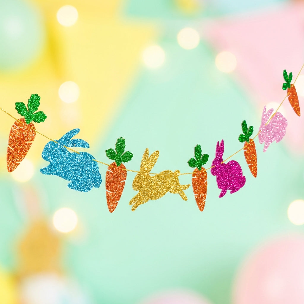 Easter Bunny & Carrot Garland, Happy Easter Garland Glittery Glitter Easter Bunny Banner Easy to Hang Bunny and Egg Banner for Families, Teachers, Home, Mantelpiece, Classroom