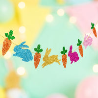 Easter Bunny & Carrot Garland, Happy Easter Garland Glittery Glitter Easter Bunny Banner Easy to Hang Bunny and Egg Banner for Families, Teachers, Home, Mantelpiece, Classroom