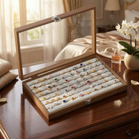 Metal Clasp Wood-Grain Finger Jewelry Holder Case Lined Interior Glass Lid Finger Jewelry Holder Box