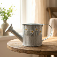 Watering Can with Floral Motif Galvanized Watering Can with Distressed Finish Metal Flower Pot Ribbed Planter Compact