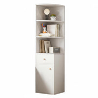 Space-Saving Design Corner Shelf Unit with Drawers Freestanding Multi-Tier Corner Bookcase Small Footprint Storage Cabinet Enclosed Compartments for Apartment Dwellers, Homeowners, Office Workers, Study Room, Bedroom