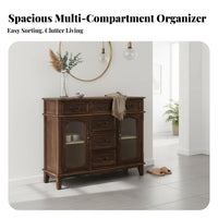 Chinese design Rattan Door table Large Capacity 2-Door Rattan Cabinet Vintage Design Sideboard sturdy Wood Legs for home dwellers, Renters, Dining Room, Entryway, Hallway, Kitchen