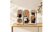 Cat-Themed Three-Panel Screen Compact Foldable Screen with Hinges Textured Ornament Short for Shelf