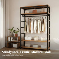 Freestanding Clothes Rack System Stable Structure Metal Clothes Rack with Shelves Space Saving Metal Frame Closet Organizer for Cloakroom