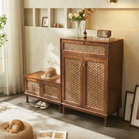 Rattan Shoe Cabinet, Entryway Storage with Bench, Shoe Rack, Solid Wood, Walnut Color, No Assembly Required