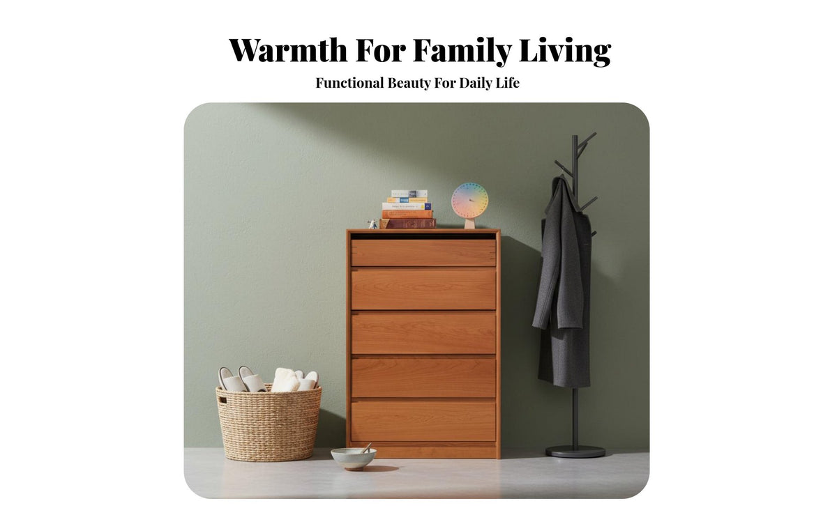 5-Drawer Wooden Chest Minimalist Design Nordic Design Low Cabinet Sturdy Construction 5 Drawer Storage Unit for Adults, Parents, Bedroom, Home, Closet