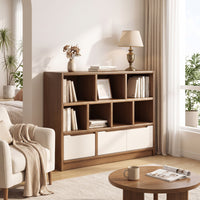 Low Bookshelf with Cubbies Wood Grain Bookcase with Doors Floor-Standing Low Bookcase for Bedroom, Reading Corner